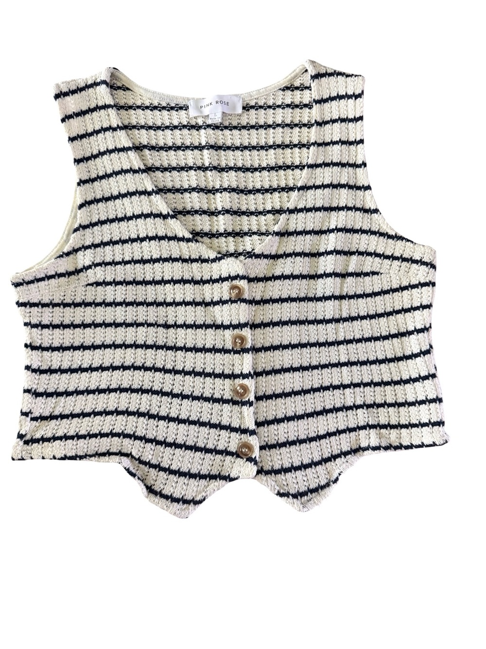 Pink Rose Striped Knit Sweater Vest Cropped Button Front Nautical L Boho